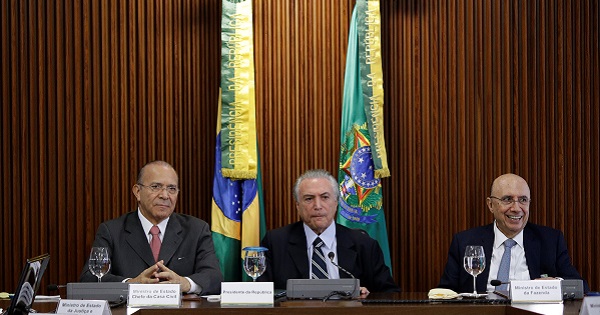 Brazil's Chief of Staff Minister Eliseu Padilha, Senate-imposed President Michel Temer, and Finance Minister Henrique Meirelles in Brasilia, Brazil, May 13, 2016.
