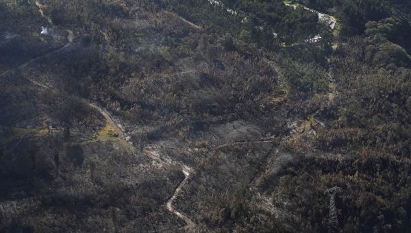 A general view shows land recently burned by forest fires on a hill in Alban municipality near Bogota, Colombia.