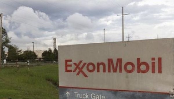 A sign is seen at the entrance of the Exxonmobil Port Allen Lubricants Plant in Port Allen, Louisiana.