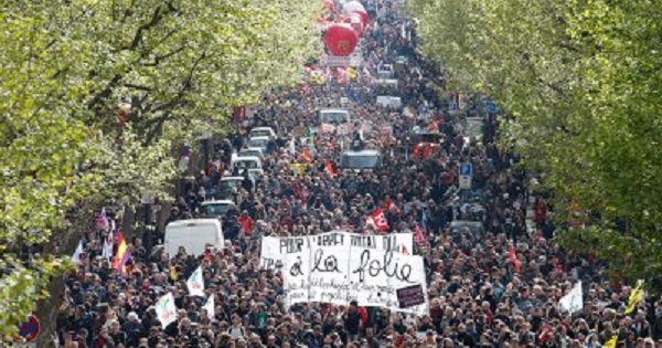 French labor unions and students attend a demonstration against the French labor law proposal in Paris.