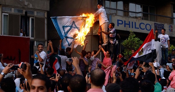 Protesters outside the Israeli embassy in Cairo.