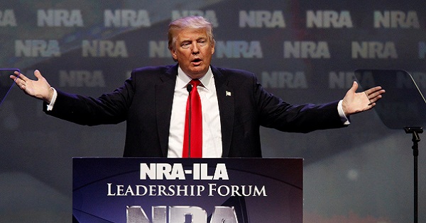 Republican presidential candidate Donald Trump addresses members of the National Rifle Association in Louisville, Kentucky, May 20, 2016.