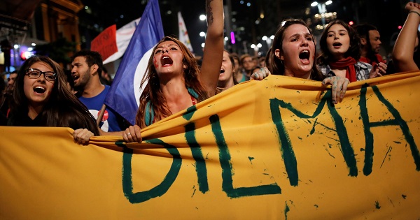 Women protest against Brazil's interim President Michel Temer and in support of suspended President Dilma Rousseff in Sao Paulo, May 17, 2016.