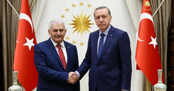 Turkish President Tayyip Erdogan (R) meets with incoming Prime Minister Binali Yildirim at the Presidential Palace in Ankara, Turkey.
