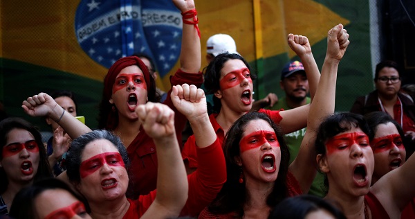 Brazil's MST landless workers' movement protest against interim President Michel Temer and in support of Dilma Rousseff in Sao Paulo, May 22, 2016.
