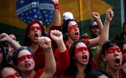 Brazil's MST landless workers' movement protest against interim President Michel Temer and in support of Dilma Rousseff in Sao Paulo, May 22, 2016.
