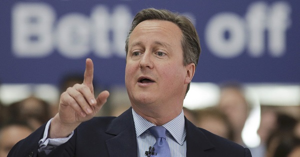 British Prime Minister David Cameron speaks at a campaign stop.