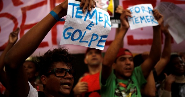 Brazil's Landless Worker Movement protests interim President Michel Temer and in support of suspended President Dilma Rousseff in Sao Paulo, May 22, 2016.