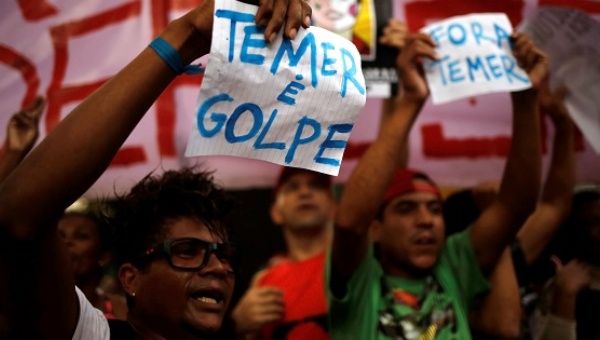 Brazil's Landless Worker Movement protests interim President Michel Temer and in support of suspended President Dilma Rousseff in Sao Paulo, May 22, 2016.