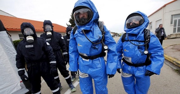 French Police forces and emergency staff take part in a mock terrorist attack drill at a 