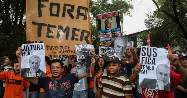 Demonstrators protest against the installed government of interim President Michel Temer in Sao Paulo, Brazil, May 22, 2016.