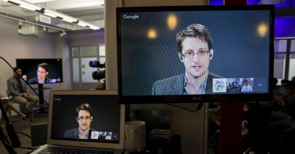 Edward Snowden attends a whistleblower conference via video link, September 2015.