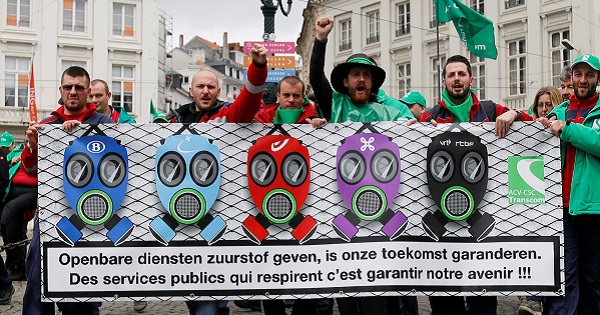 Belgian public sector workers protest in central Brussels, Belgium.