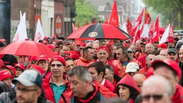 Members of Belgium’s public sector workers’ union, protest in the southern city of Mons.