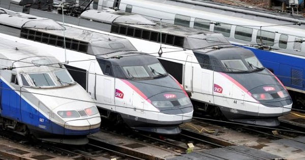 French TGV trains parked at a SNCF depot station in Charenton-le-Pont near Paris as railway workers go on strike, May 31, 2016.