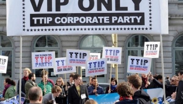 Protesters demonstrate in Brussels against the TTIP.
