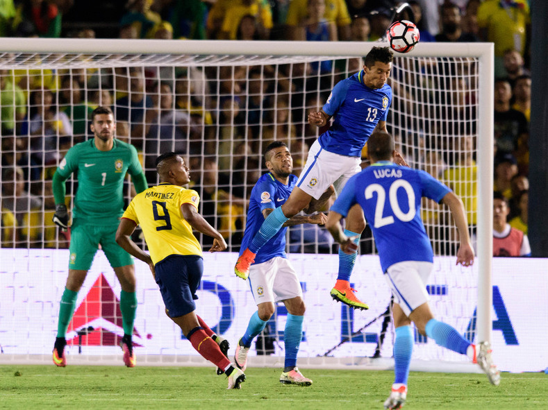 Brazil defender Marquinhos (13) heads the ball away from the goal against Ecuador during the second half during the group play stage of the 2016 Copa America Centenario at Rose Bowl Stadium. The game ended in a draw with a final score of 0-0. 