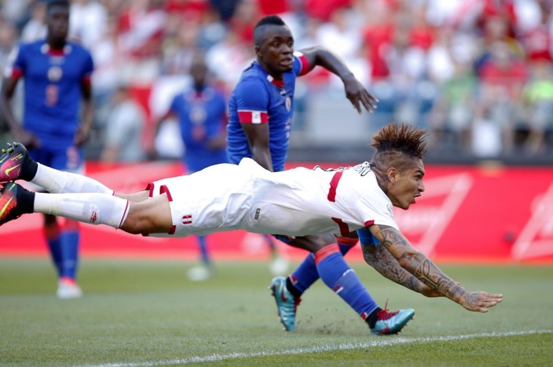 Peruvian forward Jose Paolo Guerrero (9) goes for a header to make a goal against Haiti during the second half in the Copa America 2016 in Century Link Field.