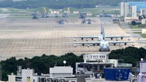 Planes and helicopters are stationed at the US Marine Corps Air Station Futenma in Ginowan, Okinawa.