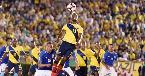 Ecuador player, Enner Valencia heads the ball against Brazil in the 2016 Copa America, Jun 4, 2016.