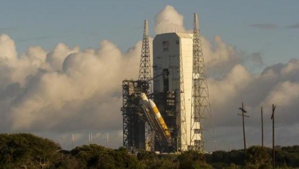 A view of the United Launch Alliance Delta IV Heavy rocket in preparation for the first flight test of NASA's new Orion spacecraft at Cape Canaveral Air Force Station, Florida October 1, 2014.