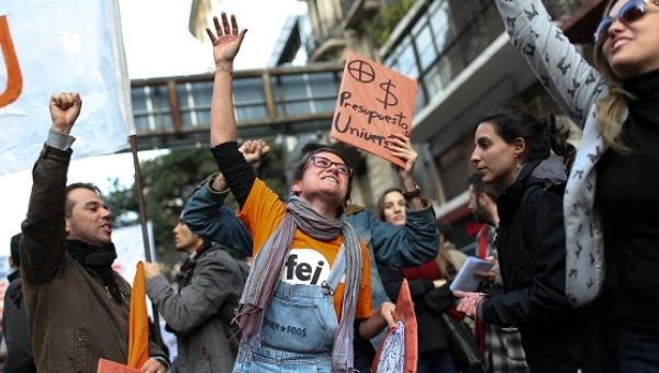 Student and teachers march in Buenos Aires for better salaries in the education sector, May 12, 2016.