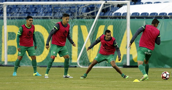 Bolivia players in training ahead of their match against Chile.