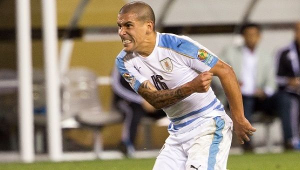 Uruguay defender Maximiliano Pereira reacts to a missed scoring attempt during the group play stage of the 2016 Copa America.