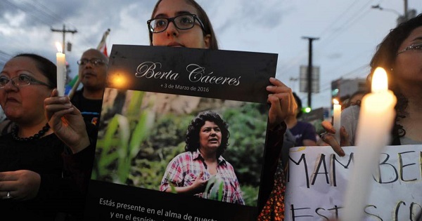 Demonstrators march in memory of murdered Indigenous leader Berta Caceres on International Women's Day in La Esperanza, Honduras.