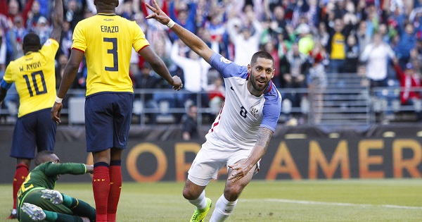 United States forward Clint Dempsey (8) reacts after assisting on a goal scored by forward Gyasi Zerdes against Ecuador on June 16, 2016.