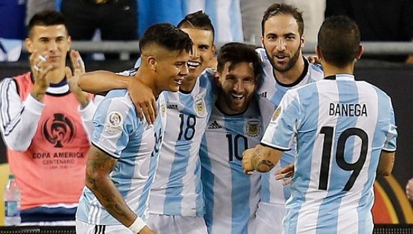 Argentina players celebrate during their quarterfinal win over Venezuela