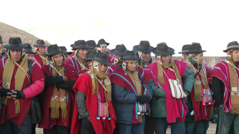Several people dressed in traditional Aymara clothing mark Inti Raymi.