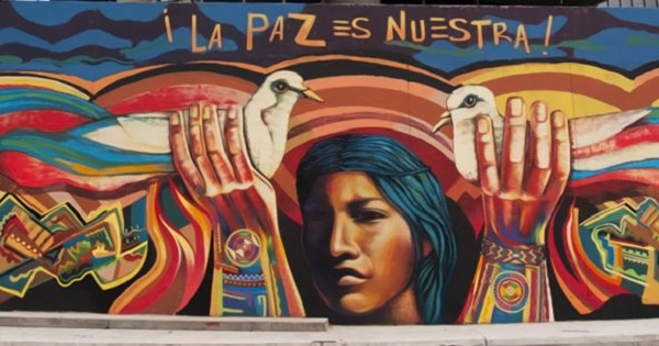 A mural on the streets on Bogota, Colombia reads,”Peace is ours!”