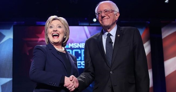 Hillary Clinton and Bernie Sanders shake hands after their MSNBC Democratic Candidates Debate.