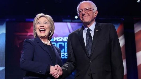 Hillary Clinton and Bernie Sanders shake hands after their MSNBC Democratic Candidates Debate.