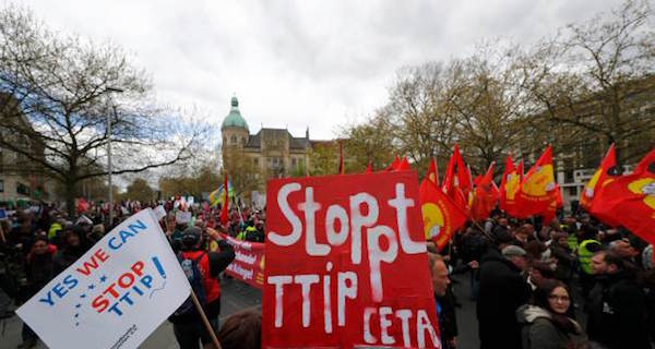 Protesters demonstrate against against Comprehensive Economic and Trade Agreement (CETA) and Transatlantic Trade and Investment Partnership (TTIP) agreements