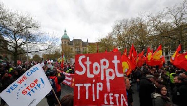 Protesters demonstrate against against Comprehensive Economic and Trade Agreement (CETA) and Transatlantic Trade and Investment Partnership (TTIP) agreements 