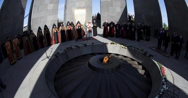 Pope Francis and Catholicos of All Armenians Karekin II attend a ceremony in commemoration of Armenians killed by Ottoman forces during World War One at the Tzitzernakaberd Genocide Memorial in Yerevan, Armenia.