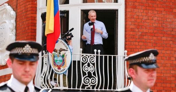 WikiLeaks founder Julian Assange speaks to the media outside the Ecuador Embassy in London on Aug. 19, 2012.