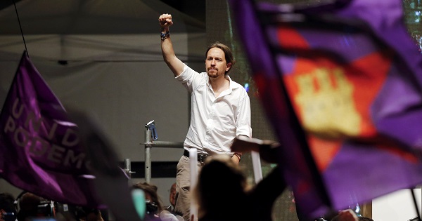 Podemos party leader Pablo Iglesias gestures to supporters after Spain's general election in Madrid, Spain, June 27, 2016.