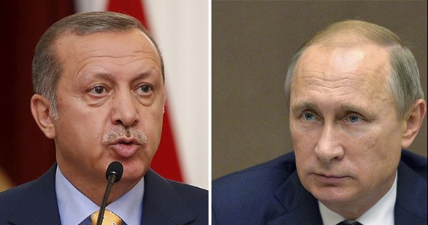 Russian Federation President Vladimir Putin (right) and Turkish President Recep Tayyip Erdogan (left).