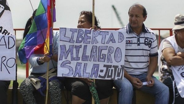 Protesters demand freedom for jailed leader Milagro Sala.