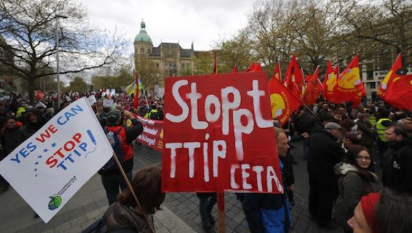 Protesters demonstrate against against Comprehensive Economic and Trade Agreement (CETA) and Transatlantic Trade and Investment Partnership (TTIP) agreements in Hannover, Germany.