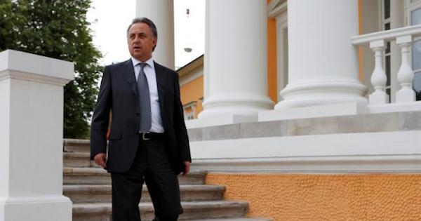 Russian Sports Minister Vitaly Mutko walks down the stairs during an interview with Reuters in Moscow, Russia, June 21, 2016.