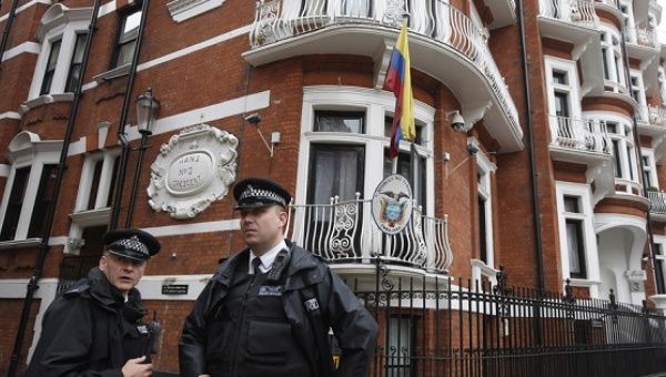British security outside the Ecuadorian Embassy in London