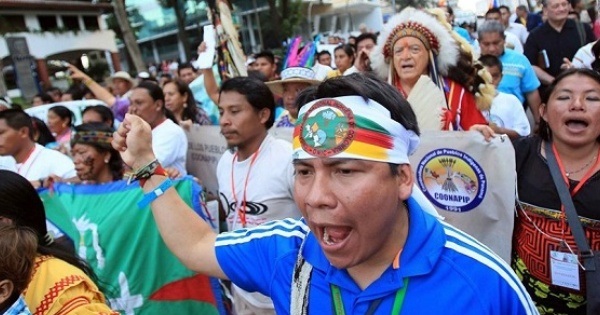 Ngabe Bugle people of Panama, fighting the Barro Blanco dam, march alongside Indigenous representatives of other nations.