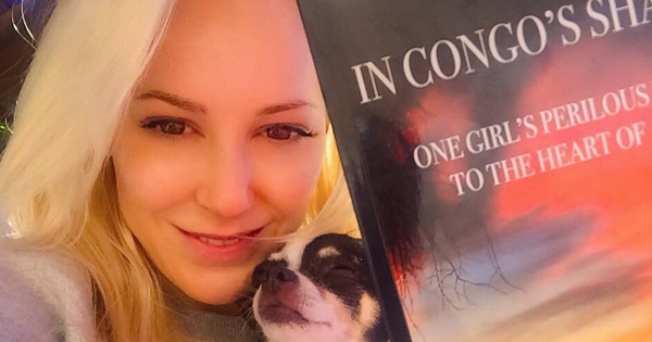 Louise Linton with her book cover.