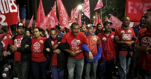 Members of the MST during a campesino march in Sao Paulo, Brazil.