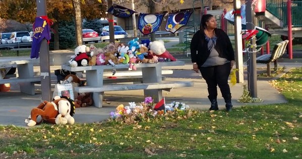 Samaira Rice stands in the park, now a memorial, where her son Tamir was killed by police.