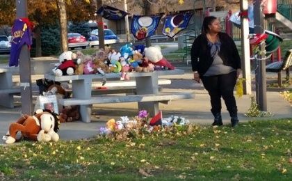 Samaira Rice stands in the park, now a memorial, where her son Tamir was killed by police.